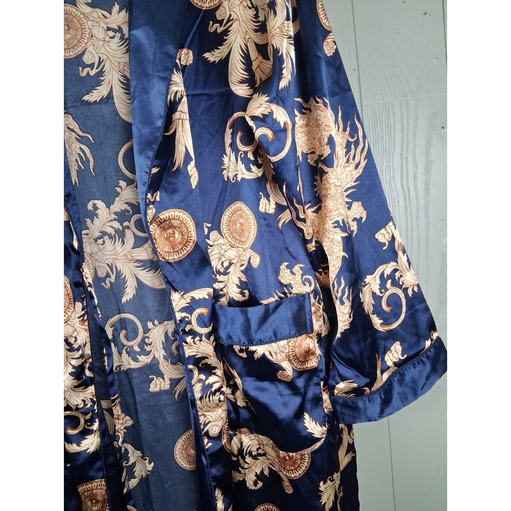 Satin Robe Blue & Gold Baroque Print Belted Pockets Mens Large Dressing Gown - Picture 4 of 10